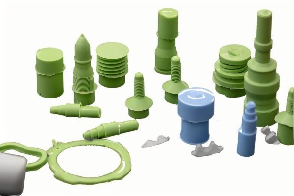 Multi-material injection molding showing parts with different colors and materials