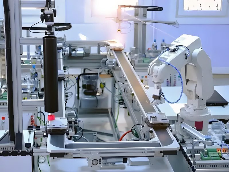Automated injection molding cell with robots and smart monitoring
